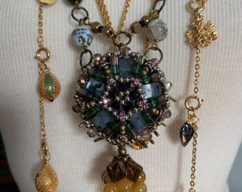 Boho Labrodite designer Pendant for Anthropology by Pam Hiran on a long chain - Statement Necklace Made in USA Large floral pendant