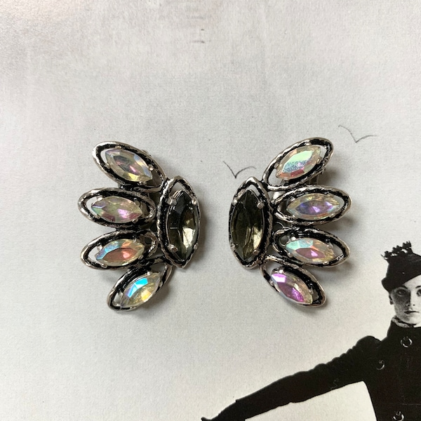 Vintage Elsa Schiaparelli Earrings - Iconic Smart and Sophisticated Designer - Crown Shaped Earrings in her Signature Aurora Borealis