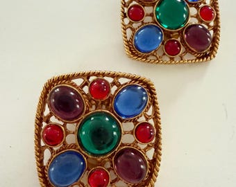 Vintage 80s mogul style multicolor cabochon clip on earrings Large statement earrings