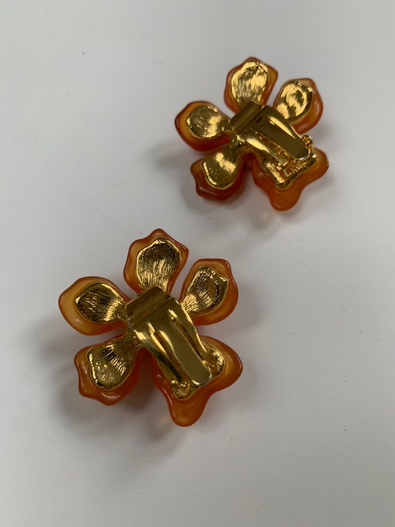 RARE Large Gripoix Style Costume Orange Flower Ea… - image 4