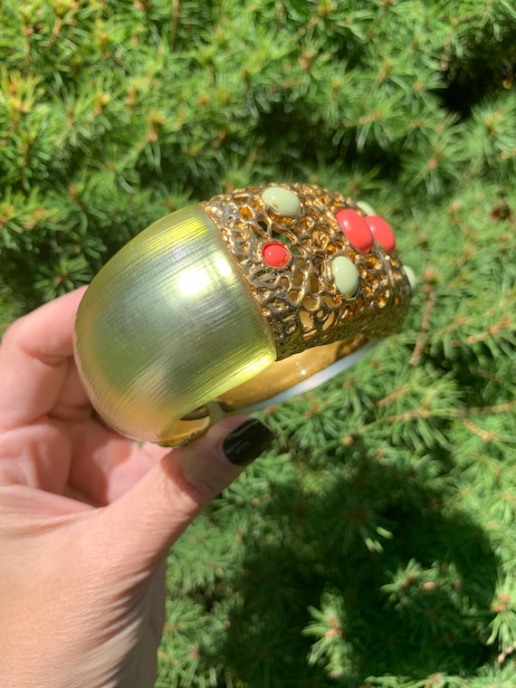Alexis Bittar Amber Gradient Resin and Gold-Trim Bangle Panther Visage Lucite Hinge Cuff Bracelet main image 4