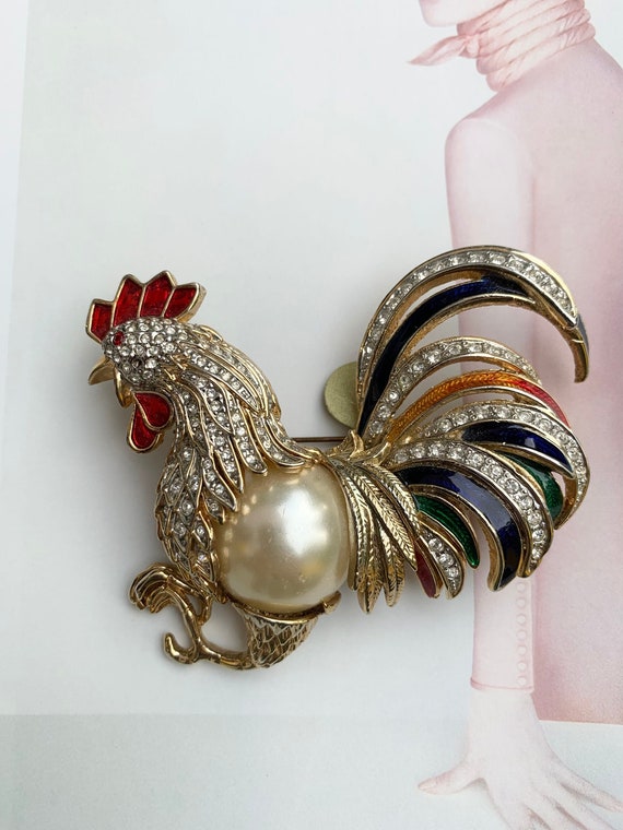 Extra Large Vintage Rooster Brooch With Rhinestones Enamel and