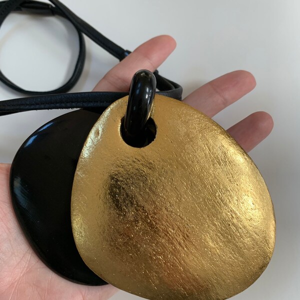 Vintage Monies Extra Large Gold and Ebony Pendant on Leather - Statement Iconic Necklace