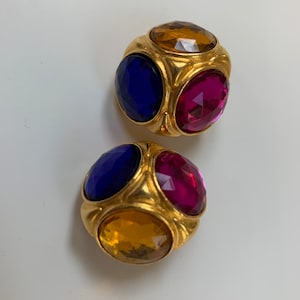 Vintage Ben Amun Mogul Style Earrings - signed - gold tone metal and yellow pink and blue crystals - statement 80s 90s Gripoix style