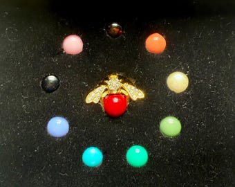 Interchangable 10 color baby bee pin by iconic American jewelry designer Joan Rivers in original box Vintage brooch with rhinestones