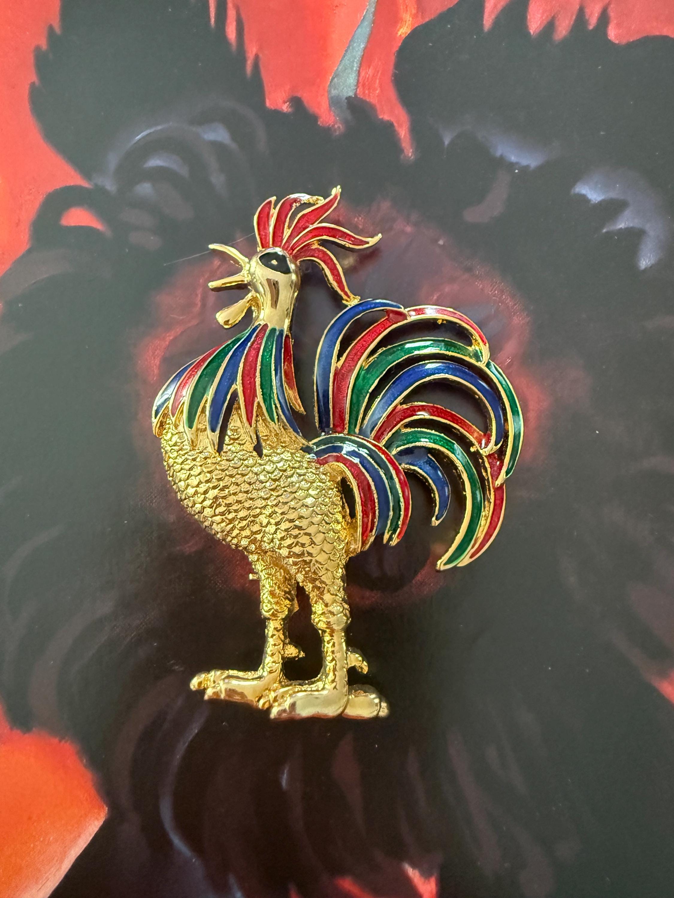 Broche Vintage Coq Or 18K Massif Émail Multicolore Rubis - Joaillerie Rare