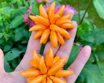 Huge Orange Crysantemym flower clip on earrings Large statement vintage earrings Rare find