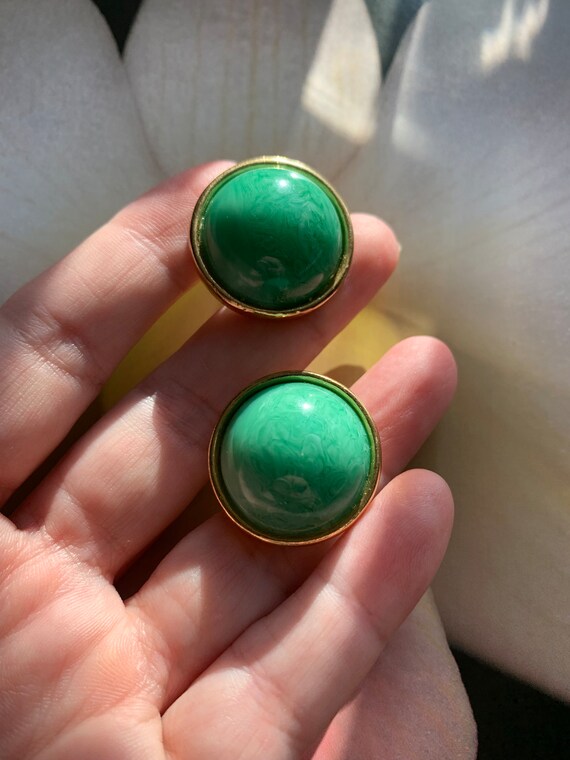 Vintage KJL Jade color and Gold Earrings - classi… - image 2