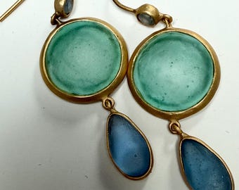 Sea foam green and lavender imitation sea glass earrings in gold tone base metal Statement earrings Beach Cruise Ocean jewelry