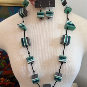 Vintage Sobral modern necklace and earrings set with multi shape green resin beads, chunky piece by a Brazilian designer made in Paris