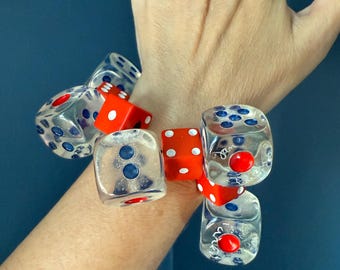 Fun mod dice bracelet by Jan Carlin in red white blue and clear Signed MCM jewelry Statement bracelet