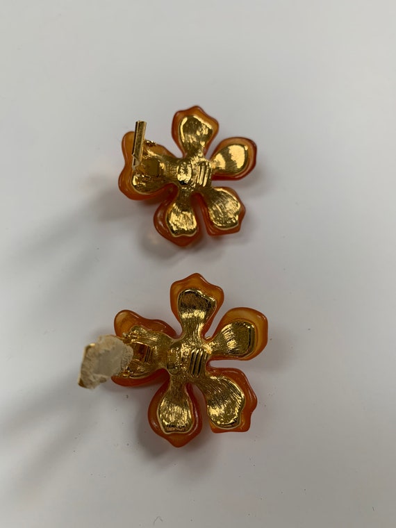 RARE Large Gripoix Style Costume Orange Flower Ea… - image 3