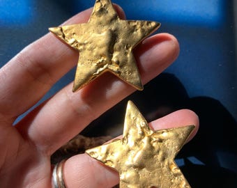 Large Celestial Earrings Star and Moon in brushed gold for pierced ears