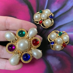 Vintage set of Maltese cross brooch with earrings - cabochons and pearls - stunning statement look