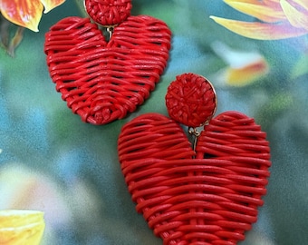 Large red heart earrings Resort collection from St Armands designs of Sarasota Florida - light wicker statement earrings for pierced ears