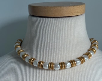 Vintage Anne Klein Logo square faux pearl necklace with gold plated beads and clasp w initials - stunning choker style classic necklace