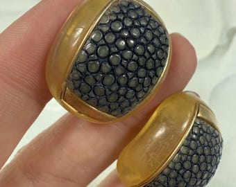 Fabrice Paris modernist earrings with caviar resin design and gold tone framing Statement French jewelry