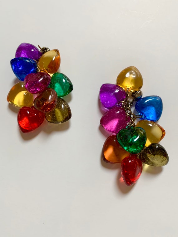Vintage Dangle Hearts earrings - multicolor lucite