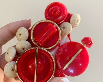 Huge Mid Century Modern Red White and Gold Buttons Brooch - Hand Made - Artisanal Brooch - French Design