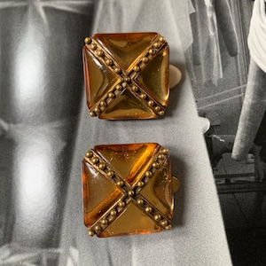 Huge Les Bernard Maltese cross shaped earrings Modern Classics 80s pop culture Supermodel style Gripoix style earrings Orange and gold