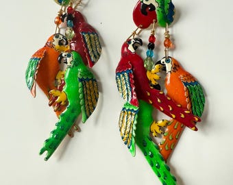 Lunch at The Ritz dangle parrot earrings in green orange and red