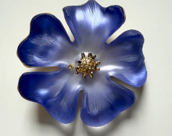 Vintage Alexis Bittar flower brooch in deep purple hand carved and painted lucite large 2.2 by 2.2 inches with rhinestone center