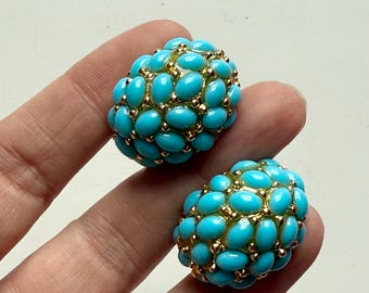 Kenneth Jay Lane Turquoise and gold Cabochons Clip Earrings Starement KJL vintage earrings Ocean Cruise Beach style