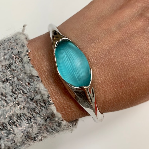 RARE Vintage Alexis Bittar Sleek Shape Bracelet - Stunning Carved Lucite Blue inclusion in silver tone base Statement modernist bracelet