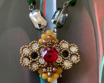 Large Boho Pendant for Anthropology by Pam Hiran on a chain - Statement Necklace Made in USA Large floral pendant Designer hand made jewelry