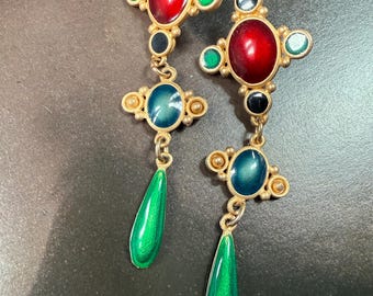 Vintage long multicolor enamel dangle earrings Fun statement earrings for pierced ears