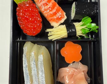 Japanese replica sushi bento box Hyper realistic faux food Vintage sushi ikura box