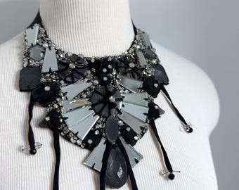 Early Ranjana Khan beaded, glass and fabric hand made couture bib style necklace in black and silver