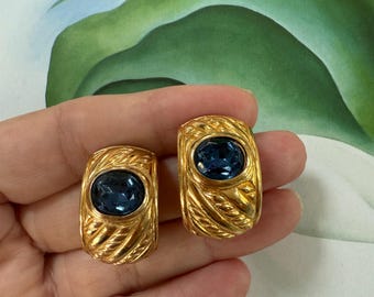 Vintage Dior Gold Tone Earrings with large blue rhinestones - Classic Look Couture Fashion Christian Dior Earrings Signed