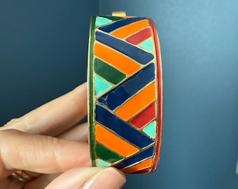 Vintage YSL Bracelet Enamel Clamper by Roger Scemama Art deco style iconic Yves Saint Laurent cuff in orange, turquoise, red, navy and green