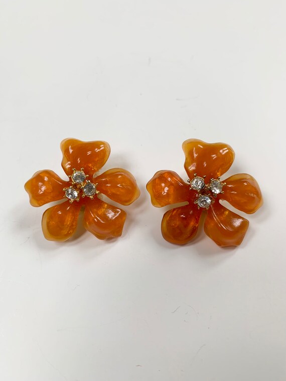 RARE Large Gripoix Style Costume Orange Flower Ea… - image 2