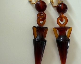 Vintage 1960s amphora-shaped earrings from The Metropolitan Museum of Art featuring faux tortoise shell lucite dangles on gold-tone hardwar