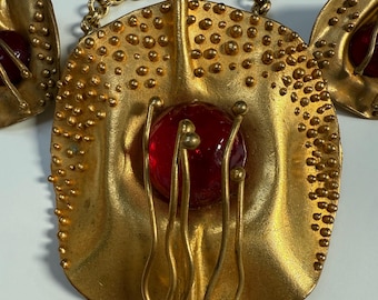 Brutalist set by Couber Paris abstract modernist with Gripoux glass center Statement Couture pieces Necklace and earrings signed