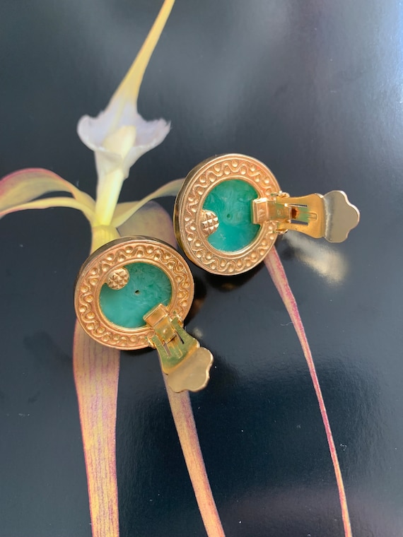 Vintage KJL Jade color and Gold Earrings - classi… - image 7