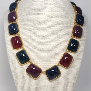 KJL Multicolor Jelly Cabochon Gold Bezel Link Necklace in dark jewel tones of red green and blue Gripoix style Kenneth  Jay Lane