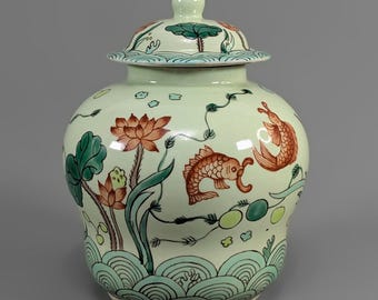 Antique Chinese Famille Verte Wucai Porcelain Jar Lotus Pond Fish Qing Dynasty