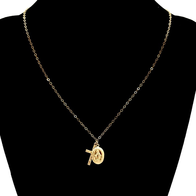 Elegant Jewelry Matinee Religious Necklace Dainty 14k Jewelry Vintage Layering Necklaces Mary /& Cross Gold Filled Necklace