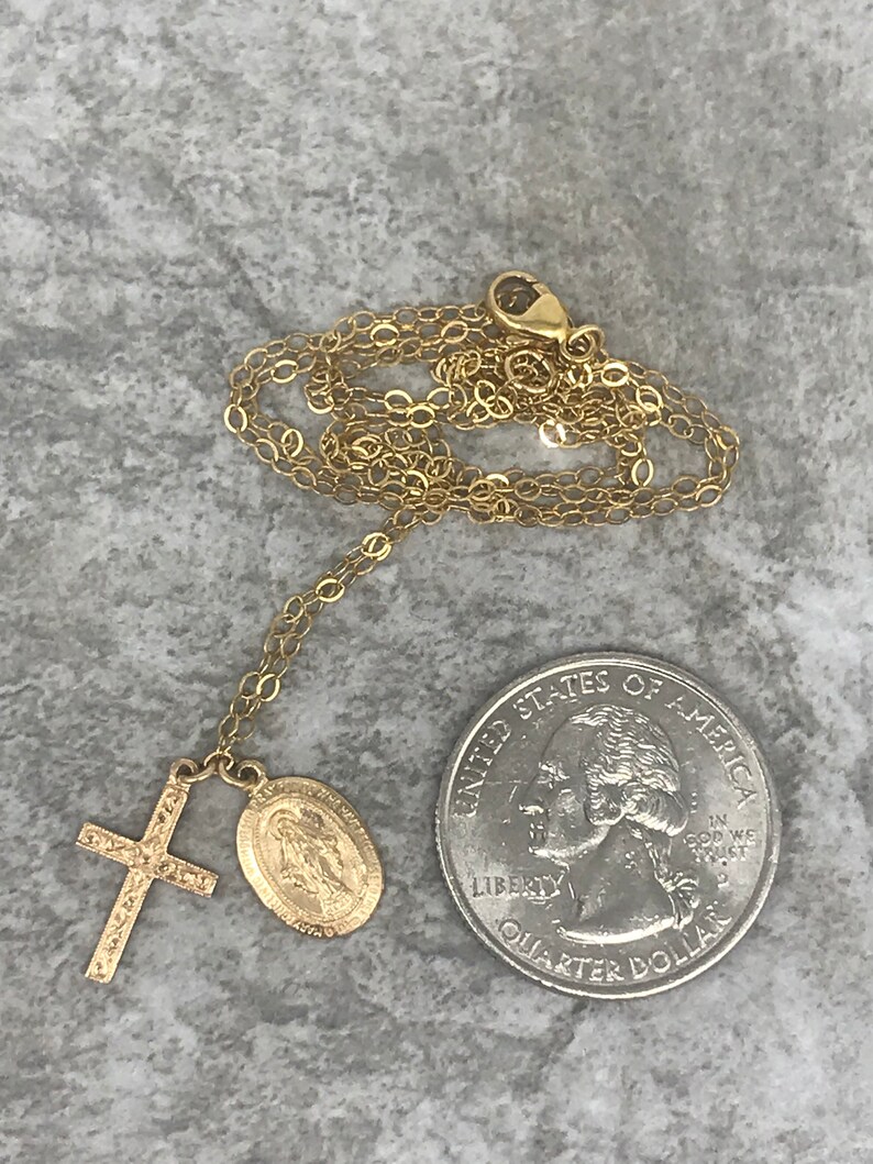 Elegant Jewelry Matinee Religious Necklace Dainty 14k Jewelry Vintage Layering Necklaces Mary /& Cross Gold Filled Necklace