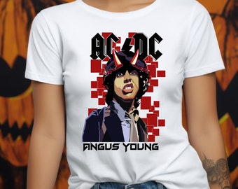 May include: White t-shirt with a black and red graphic of Angus Young from AC/DC. The graphic features a cartoon of Angus Young with devil horns and a red and black checkered background. The text "Angus Young" is printed below the graphic.