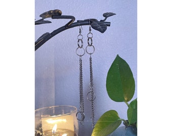 Elegant Silver Long Chain Earrings, Drop Earrings, Dangle, Vampire, Gothic, Victorian, Hoops