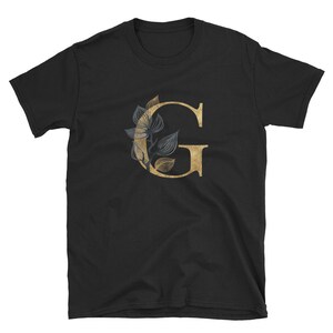 Camiseta com letra floral dourada G, roupas unissex para adultos, designs de camisas, ideias para presentes