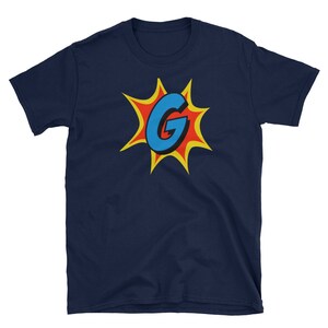 Camisa de super-herói em quadrinhos com letra G personalizada, camiseta, roupas para adultos, designs de camisas, ideias para presentes