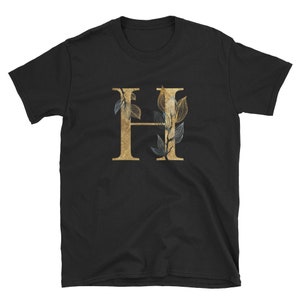 Camiseta com letra floral dourada H, roupas unissex para adultos, designs de camisas, ideias para presentes
