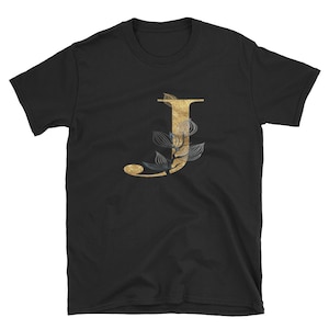 Camiseta floral dourada com letra J, roupas unissex para adultos, designs de camisas, ideias para presentes