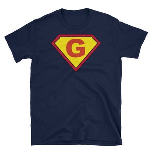 Camiseta com letra inicial G – Camisa com monograma de quadrinhos de super-heróis – Tops combinando para a família – Presentes personalizados para mulheres e homens – Idéias para presentes de família