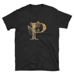 Camiseta com letra floral dourada P, roupas unissex para adultos, designs de camisas, ideias para presentes